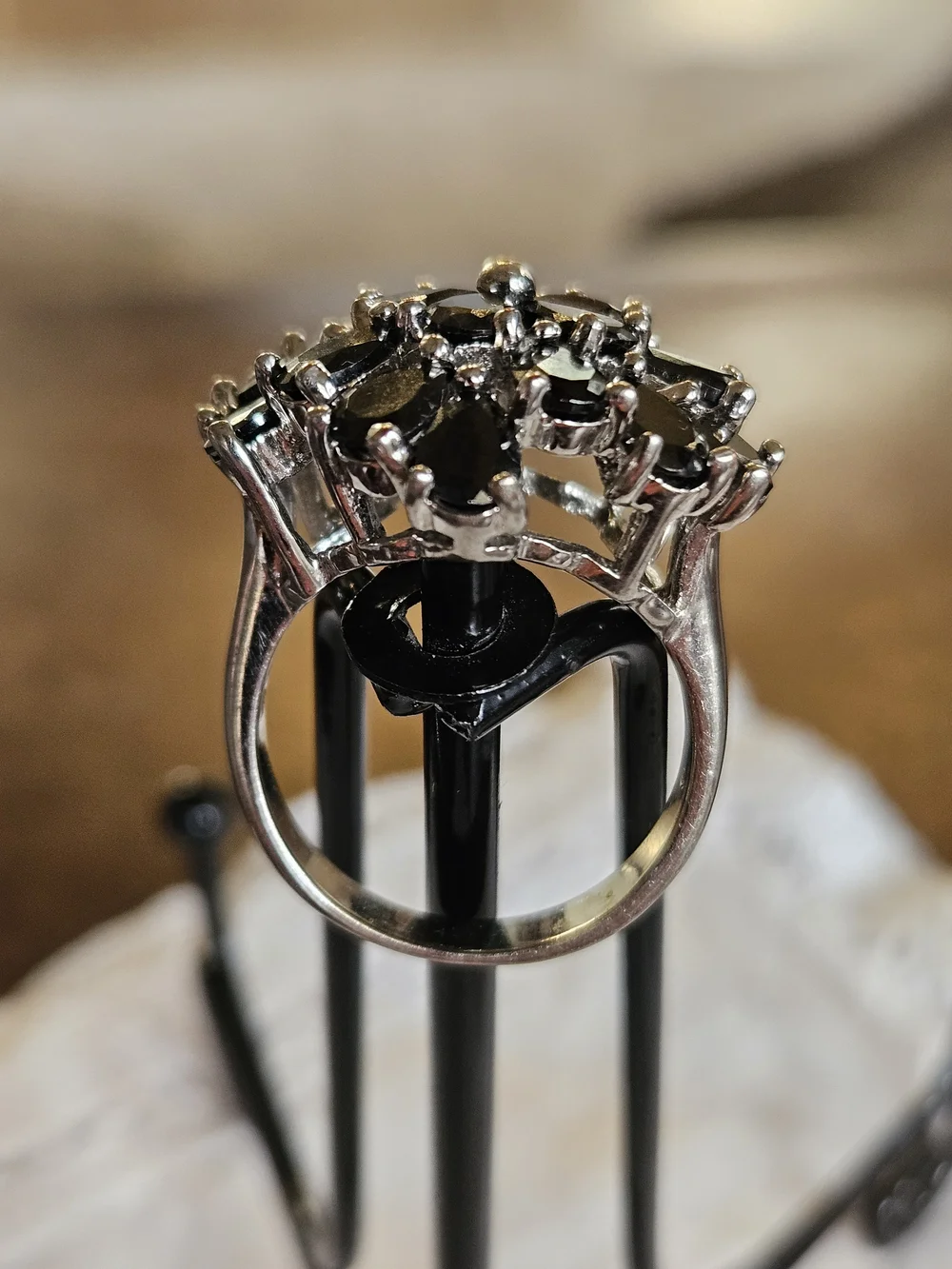 Silver Black Crystal Floral Cluster Ring
